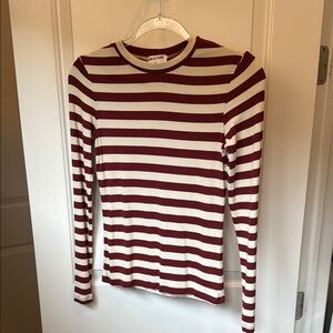 LNA Burgundy and White Ribbed Striped Long Sleeve Top